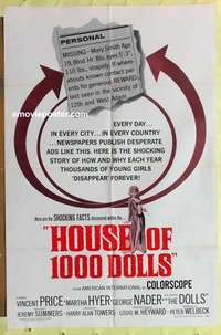 b901 HOUSE OF 1000 DOLLS one-sheet movie poster '67 Vincent Price, AIP