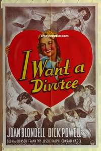 b925 I WANT A DIVORCE one-sheet movie poster '40 Joan Blondell, Dick Powell