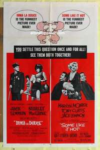 b967 IRMA LA DOUCE/SOME LIKE IT HOT one-sheet movie poster '64 Wilder