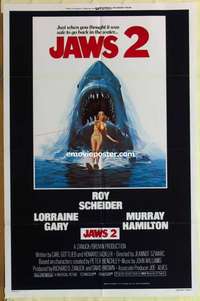 b990 JAWS 2 one-sheet movie poster '78 Roy Scheider, man-eating shark!