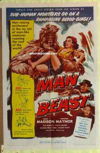 e036 MAN BEAST one-sheet movie poster '56 sub-human Yeti monsters, horror!