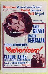 d828 NOTORIOUS one-sheet movie poster R60s Cary Grant, Ingrid Bergman