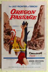 d779 OREGON PASSAGE one-sheet movie poster '58 sexy girl tied to tree!