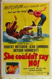 d462 SHE COULDN'T SAY NO one-sheet movie poster '54 Bob Mitchum, Simmons
