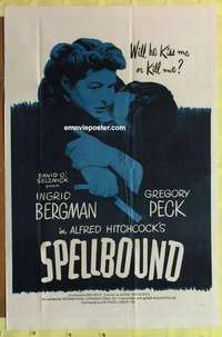 d385 SPELLBOUND one-sheet movie poster R60s Alfred Hitchcock, Peck
