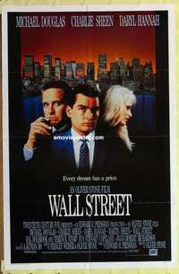 d105 WALL STREET int'l one-sheet movie poster '87 Douglas, Sheen, Hannah