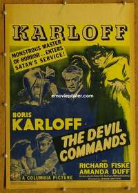 g069 DEVIL COMMANDS window card movie poster '41 Boris Karloff horror!