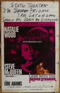 g154 LOVE WITH THE PROPER STRANGER window card movie poster '64 Wood, McQueen