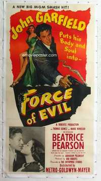 m062 FORCE OF EVIL linen three-sheet movie poster '48 John Garfield, Polonsky