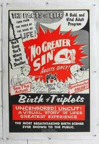 m501 NO GREATER SIN/BIRTH OF TRIPLETS linen one-sheet movie poster '60s