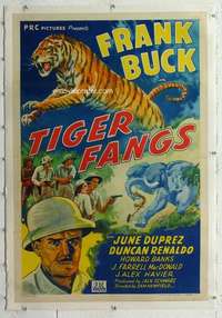 m554 TIGER FANGS linen one-sheet movie poster '43 Frank Buck, great image!