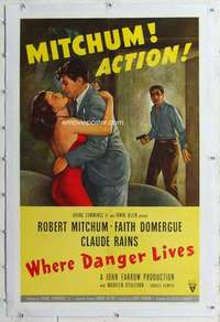m580 WHERE DANGER LIVES linen one-sheet movie poster '50 Mitchum, Domergue
