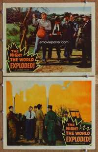s016 NIGHT THE WORLD EXPLODED 2 movie lobby cards '57 nature goes mad!
