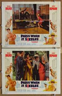 s018 PARIS WHEN IT SIZZLES 2 movie lobby cards '64 Audrey Hepburn