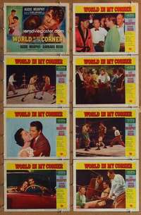 p474 WORLD IN MY CORNER 8 movie lobby cards '56 Audie Murphy, boxing!
