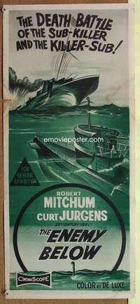 w489 ENEMY BELOW Australian daybill movie poster '58 Robert Mitchum, Powell