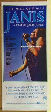 w611 JANIS Australian daybill movie poster '75 great Joplin image, rock&roll