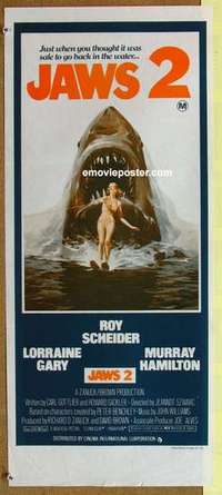 w613 JAWS 2 Australian daybill movie poster '78 Scheider, man-eating shark!