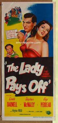 w640 LADY PAYS OFF Australian daybill movie poster '51 sexy Linda Darnell!