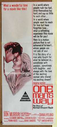 w741 ONE MAN'S WAY Australian daybill movie poster '64 Norman Peale bio!