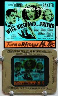 w250 WIFE, HUSBAND & FRIEND magic lantern movie glass slide '39 Loretta Young