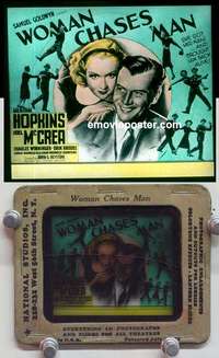 w271 WOMAN CHASES MAN magic lantern movie glass slide '37 Hopkins, McCrea