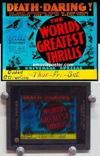w285 WORLDS GREATEST THRILLS magic lantern movie glass slide '33 cool!
