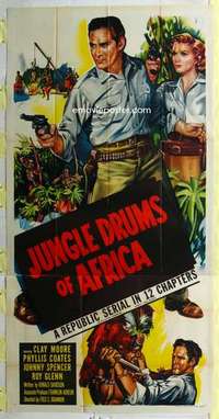 a013 JUNGLE DRUMS OF AFRICA three-sheet movie poster '52 Clay Moore, serial!