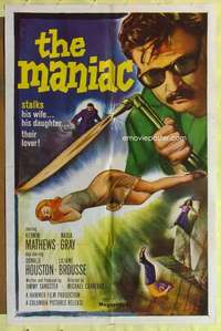b538 MANIAC one-sheet movie poster '63 Kerwin Mathews, Hammer horror!