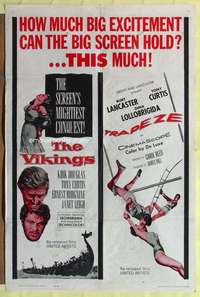 b927 VIKINGS/TRAPEZE one-sheet movie poster '62 Kirk Douglas, Lancaster
