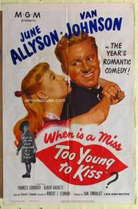 d840 TOO YOUNG TO KISS one-sheet movie poster '51 June Allyson, Van Johnson