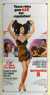 e218 CAT ON A HOT TIN ROOF/BUTTERFIELD 8 three-sheet movie poster '66 Liz!