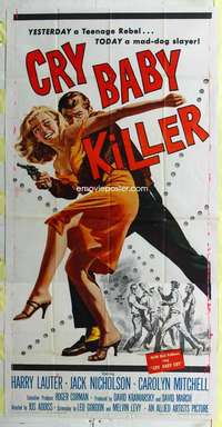 e242 CRY BABY KILLER three-sheet movie poster '58 1st Jack Nicholson!