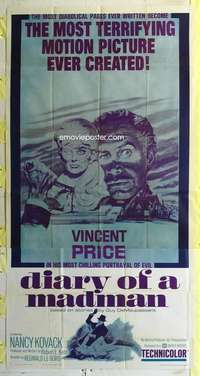 e262 DIARY OF A MADMAN three-sheet movie poster '63 Vincent Price, horror!