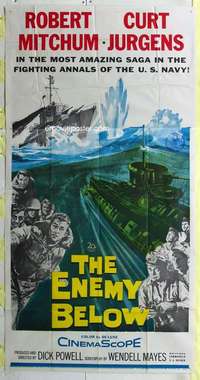 e273 ENEMY BELOW three-sheet movie poster '58 Robert Mitchum, Dick Powell