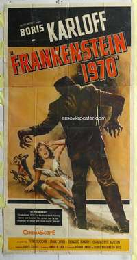 e289 FRANKENSTEIN 1970 three-sheet movie poster '58 Boris Karloff, horror!