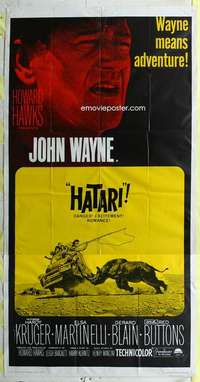 e324 HATARI three-sheet movie poster R67 John Wayne, Howard Hawks, Africa!