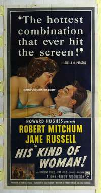 e331 HIS KIND OF WOMAN three-sheet movie poster '51 Mitchum, Jane Russell