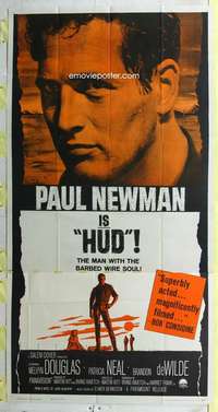 e348 HUD three-sheet movie poster '63 Paul Newman, Martin Ritt classic!