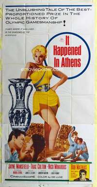 e363 IT HAPPENED IN ATHENS three-sheet movie poster '62 sexy Jayne Mansfield!