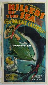 e378 KILLERS OF THE SEA three-sheet movie poster '37 fantastic shark image!