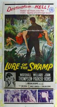 e405 LURE OF THE SWAMP three-sheet movie poster '57 destination... Hell!
