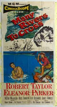 e414 MANY RIVERS TO CROSS three-sheet movie poster '55 Robert Taylor, Parker