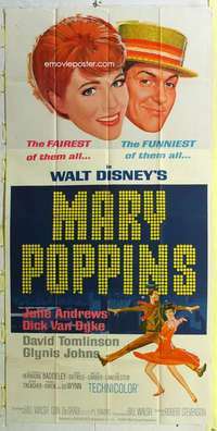 e416 MARY POPPINS three-sheet movie poster '64 Julie Andrews, Walt Disney