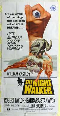 e448 NIGHT WALKER three-sheet movie poster '65 Robert Taylor, Stanwyck