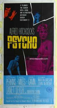 e487 PSYCHO three-sheet movie poster '60 Leigh, Perkins, Hitchcock