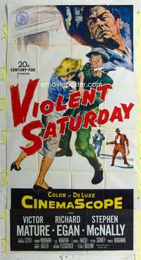 e582 VIOLENT SATURDAY three-sheet movie poster '55 Victor Mature