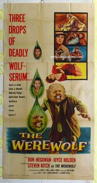 e591 WEREWOLF three-sheet movie poster '56 great wolf-man horror image!