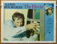 f109 BIRDS movie lobby card #6 '63 close up bird attack in window!