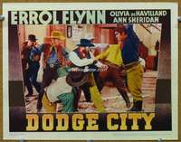 f433 DODGE CITY movie lobby card R40s wild fight scene in saloon!